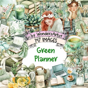 Könnte beinhalten: Ein digitaler Planer mit grünem Thema. Der Planer zeigt Illustrationen von Büchern, Pflanzen, Teetassen und Frauen. Der Text "Green Planner" ist in der Mitte des Bildes zu sehen. Der Text "by WondersArtist 147 IMAGES" ist oben in der Mitte des Bildes zu sehen.