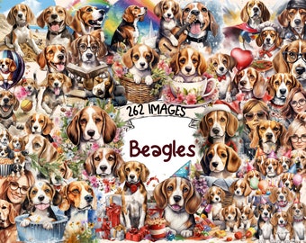 Beagles Watercolor Clipart Bundle - 262 PNG Cute Beagle Dog Images, Adorable Baby Puppy Graphics, Instant Digital Download, Commercial Use