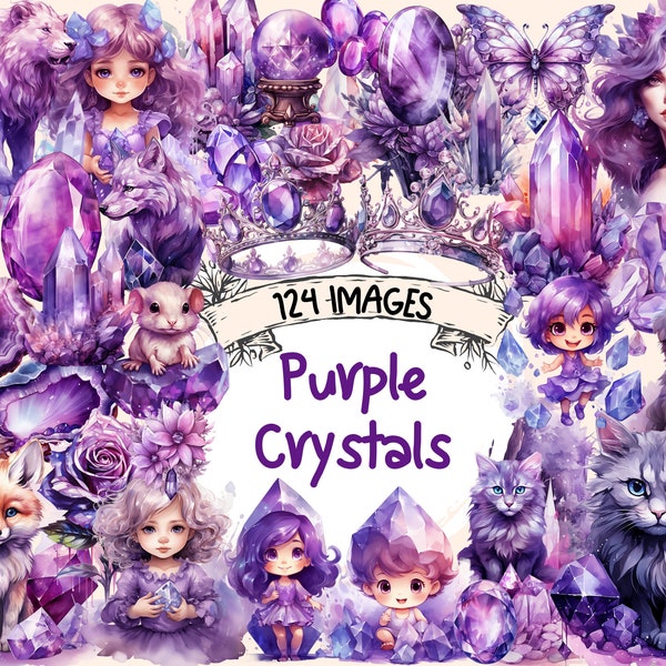 Purple Crystals Watercolor Clipart Bundle - 124 PNG Crystal Images, Violet Amethyst Gem Graphics, Instant Digital Download, Commercial Use