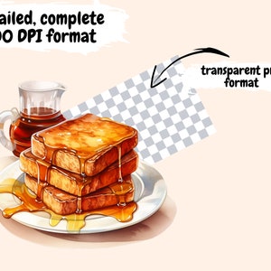 May include: A stack of three golden brown French toast slices drizzled with maple syrup on a white plate. A glass jug of maple syrup is in the background.