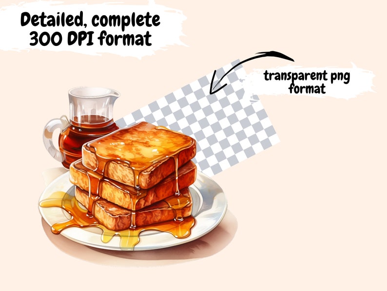 May include: A stack of three golden brown French toast slices drizzled with maple syrup on a white plate. A glass jug of maple syrup is in the background.