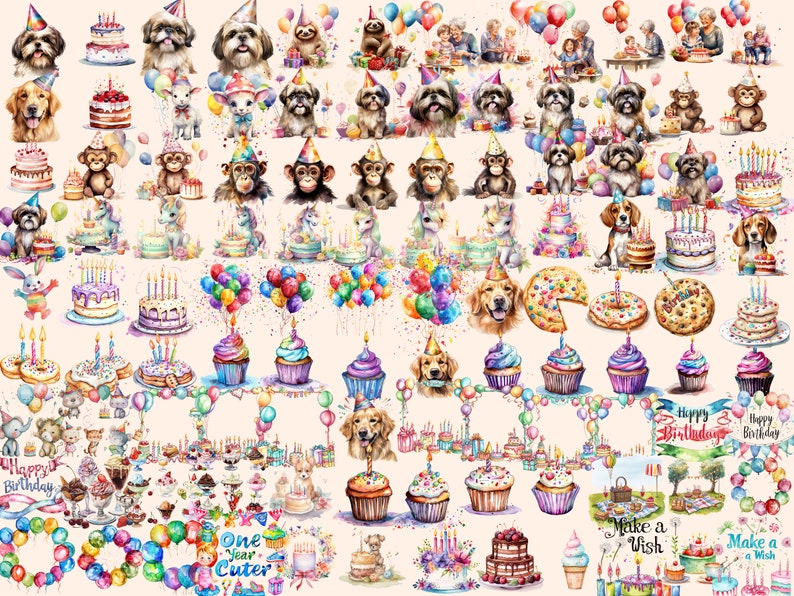 Watercolor Birthday Party Clipart Bundle: 531 PNG Images (digital ...