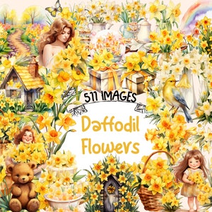 Watercolor Daffodil Clipart Bundle: 511 PNG Floral Images (Digital Download)
