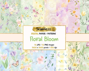 フローラルブルームデジタルペーパー：シームレスな水彩画の花柄（商用利用可）