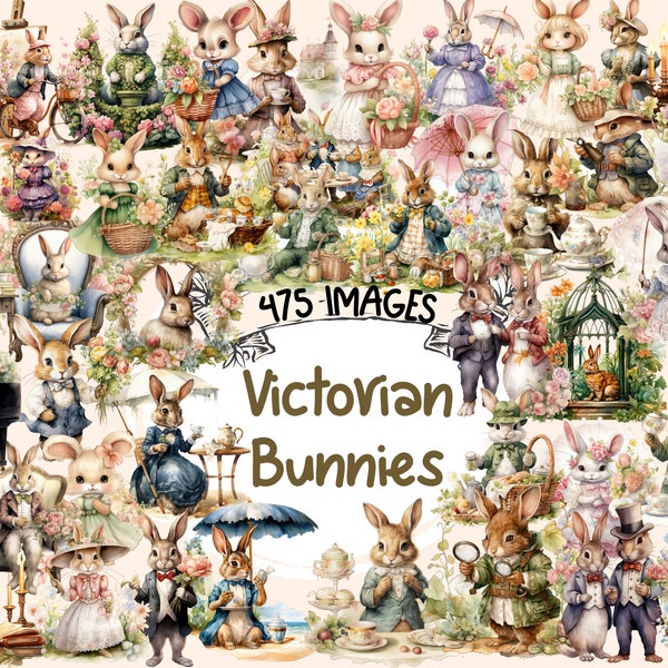 Victorian Bunnies Aquarelle Clipart Bundle - 475 PNG images de lapin vintage, graphiques rétro médiévaux, téléchargement numérique instantané, utilisation commerciale