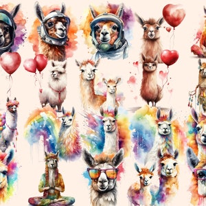 K&ouml;nnte beinhalten: Eine digitale Illustration mit 18 Aquarell-Llamas in verschiedenen Posen und Umgebungen. Einige Lamas tragen Sonnenbrillen, Astronautenhelme und Regenbogen-Accessoires. Einige Lamas halten Ballons. Einige Lamas sitzen, stehen und fliegen. Die Lamas sind in einem farbenfrohen Aquarell-Stil gemalt.