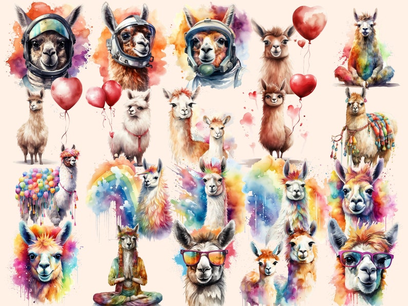 K&ouml;nnte beinhalten: Eine digitale Illustration mit 18 Aquarell-Llamas in verschiedenen Posen und Umgebungen. Einige Lamas tragen Sonnenbrillen, Astronautenhelme und Regenbogen-Accessoires. Einige Lamas halten Ballons. Einige Lamas sitzen, stehen und fliegen. Die Lamas sind in einem farbenfrohen Aquarell-Stil gemalt.