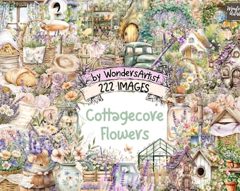 Cottagecore Flowers Watercolor Clipart: 222 Rustic Floral PNG Graphics (Digital Download)