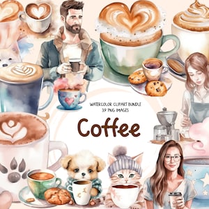 Bundle de cliparts aquarelle café 39, amateurs de café, style conte de fées enchanté magique, adorables tasses à café, PNG, téléchargement immédiat