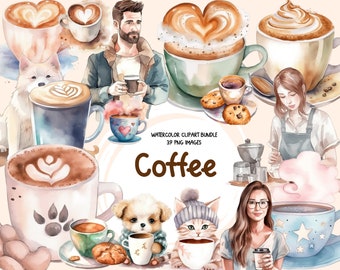 Watercolor Coffee 39 Clipart Bundle, Coffee Lovers, Magical Enchanted Fairytale Style, Adorable Coffee Mugs, PNG, Instant Digital Download