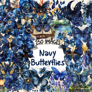 Navy Butterflies Watercolor Clipart Bundle - 250 PNG Deep Blue Butterfly Images, Marine Graphics, Instant Digital Download, Commercial Use