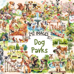 Dog Parks Watercolor Clipart Bundle - 242 PNG Playful Park Scene Images, Pet-Friendly Park Graphics, Instant Digital Download,Commercial Use