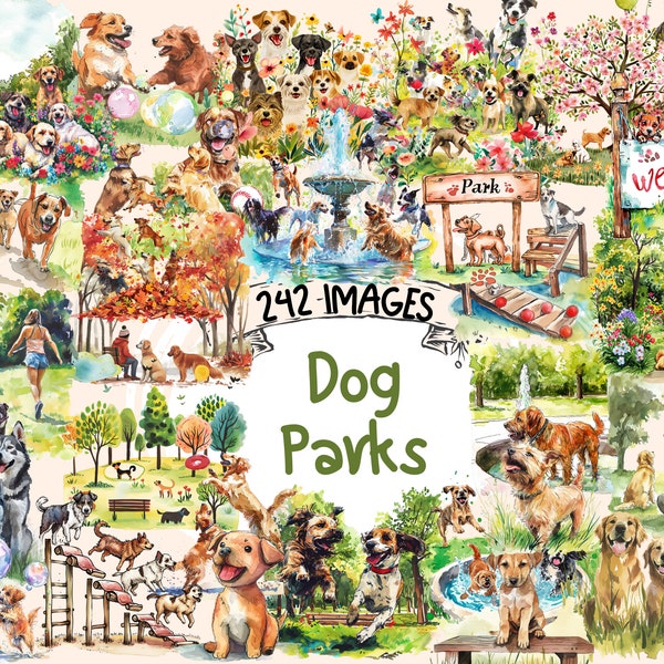 Dog Parks Watercolor Clipart Bundle - 242 PNG Playful Park Scene Images, Pet-Friendly Park Graphics, Instant Digital Download,Commercial Use