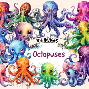 Octopuses Watercolor Clipart Bundle - 106 PNG Octopus Images, Beautiful Underwater Graphics, PNG, Instant Digital Download, Commercial Use
