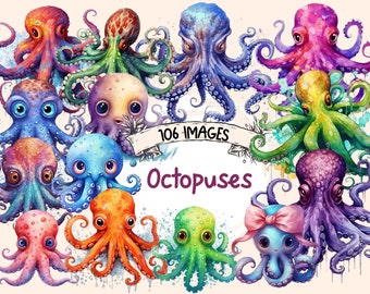 Watercolor Octopus Clipart Bundle: 106 PNG Graphics (Digital Download)