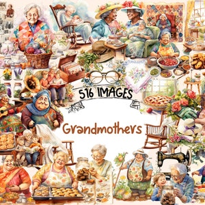 Grandmothers Watercolor Clipart Bundle - 516 PNG Cozy Grandmother Images, Loving Family Graphics, Instant Digital Download, Commercial Use