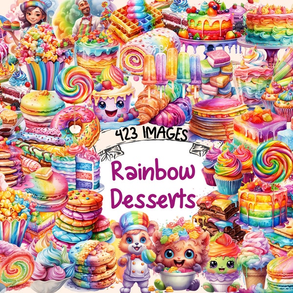 Regenbogen-Desserts-Aquarell-Clipart-Bundle – 423 PNG bunte süße Bilder, Leckereien mit Regenbogentönen, sofortiger digitaler Download, kommerzielle Nutzung