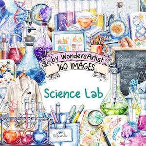 Science Lab Watercolor Clipart Bundle - 160 PNG Lab Images, Chemistry Illustrations, Educational Decor, Instant Download, Commercial Use