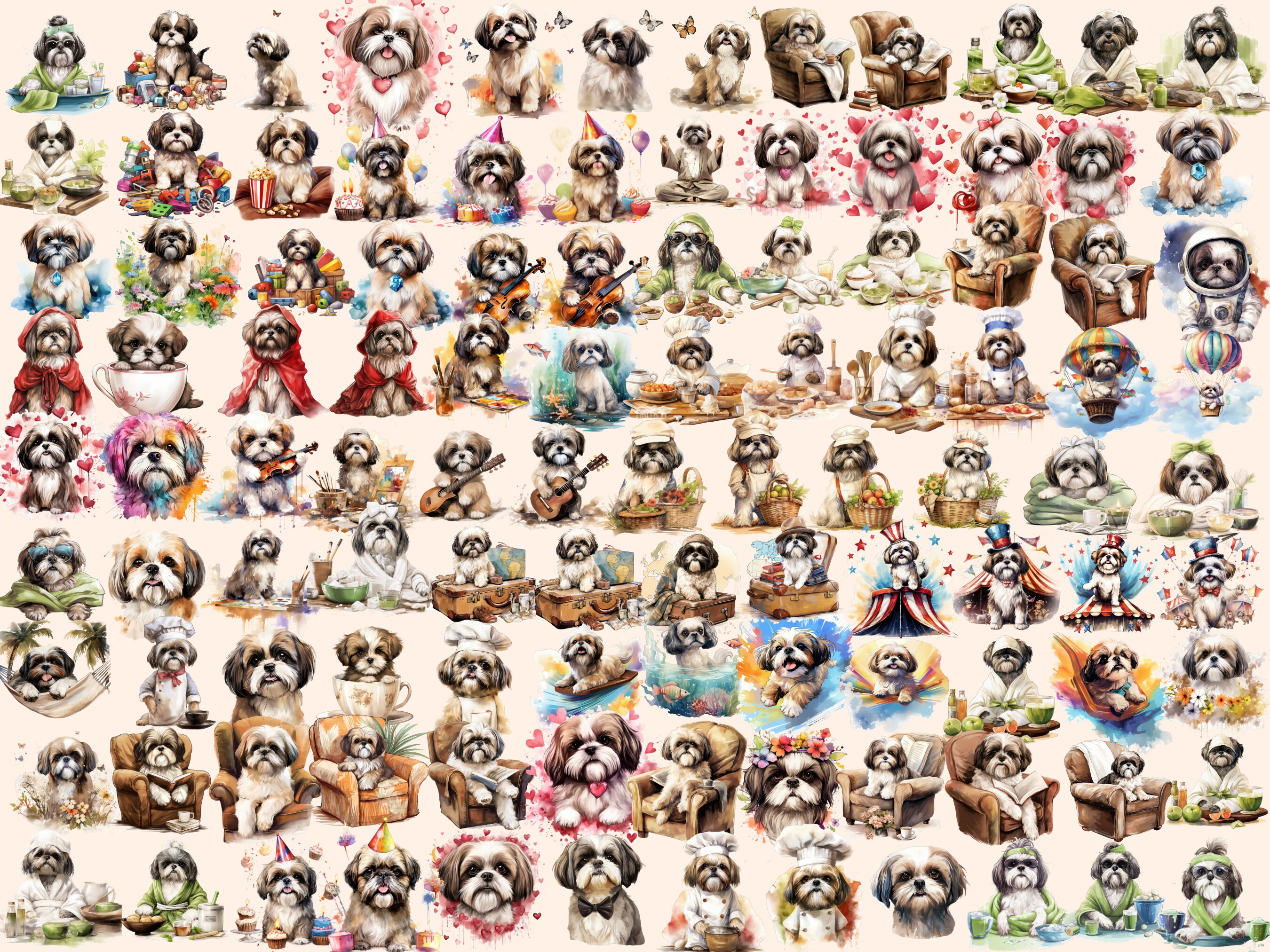 Shih Tzu Watercolor Clipart Bundle – 370+ Dog PNG Images (digital ...