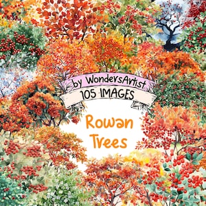 Rowan Trees Watercolor Clipart Bundle - 105 PNG Tree Images, Enchanting Forest Illustrations, Mystical Decor,Instant Download,Commercial Use