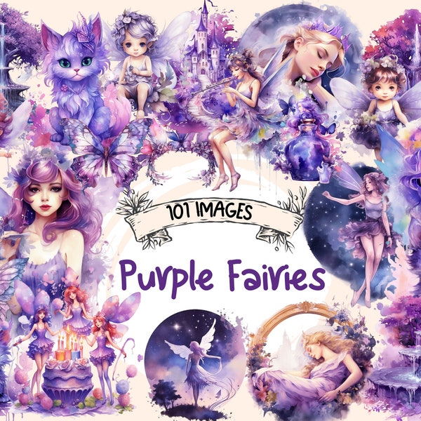 Purple Fairies Clipart aquarelle - 101 Illustrations féeriques enchanteresses magiques, livre de contes mignon, PNG, téléchargement numérique instantané, utilisation commerciale