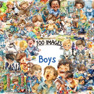 Boys Watercolor Clipart Bundle - 700 PNG Cute Little Boy Images, Children Characters Graphics, Instant Digital Download, Commercial Use