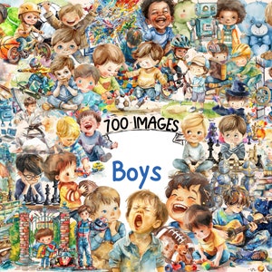 Paquete de imágenes prediseñadas de acuarela para niños: 700 imágenes PNG de niños pequeños adorables, gráficos de personajes infantiles, descarga digital instantánea, uso comercial
