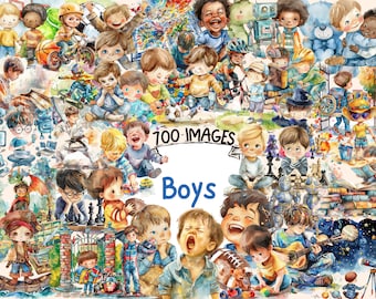 Bundle de cliparts aquarelle garçons - 700 PNG mignon petit garçon Images, graphiques de personnages enfants, téléchargement numérique instantané, usage Commercial