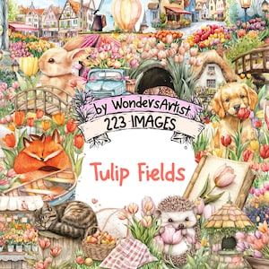 Watercolor Tulip Fields Clipart: 223 PNG Floral Graphics (Digital Download)