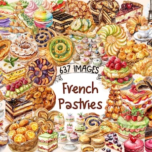 French Pastries Watercolor Clipart Bundle - 637 PNG Gourmet Pastry Images, Delicate Dessert Graphics,Instant Digital Download,Commercial Use