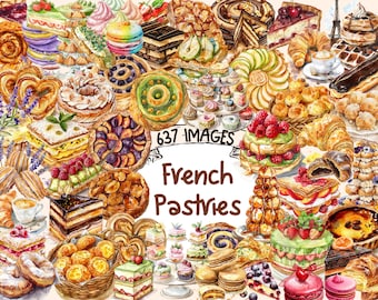 French Pastries Watercolor Clipart: Gourmet Dessert Graphics (637 PNG Images) (Digital Download)