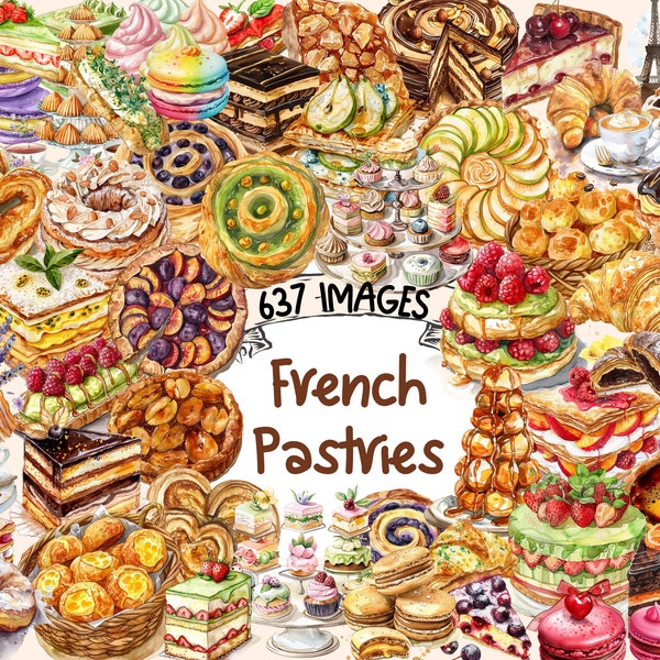 French Pastries Watercolor Clipart Bundle - 637 PNG Gourmet Pastry Images, Delicate Dessert Graphics,Instant Digital Download,Commercial Use