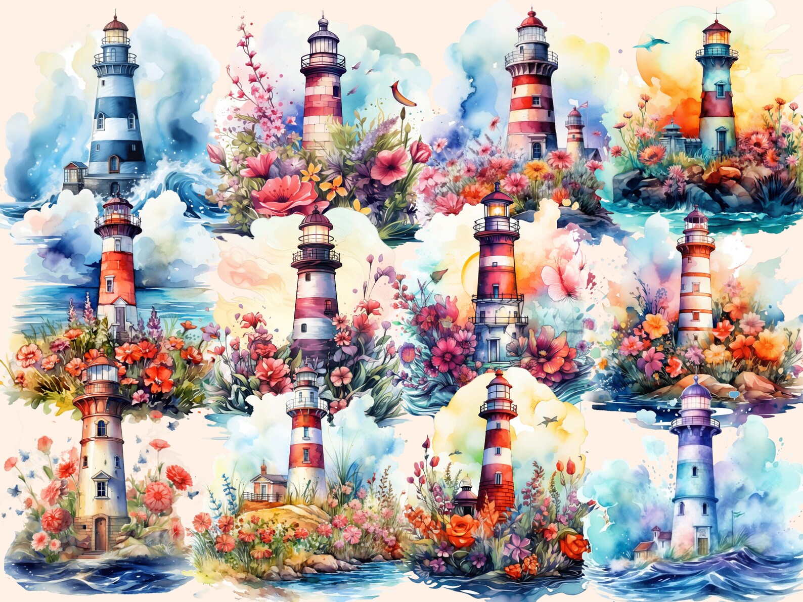 Lighthouses Watercolor Clipart Bundle: 78 Seaside PNG Images (digital ...