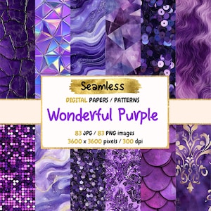 Könnte beinhalten: Ein digitales Papierpaket namens "Wonderful Purple" mit verschiedenen nahtlosen Mustern in Lilatönen. Das Paket enthält 83 JPG- und 83 PNG-Bilder, jeweils 3600 x 3600 Pixel bei 300 dpi. Die Muster umfassen Texturen, geometrische Formen und dekorative Designs.
