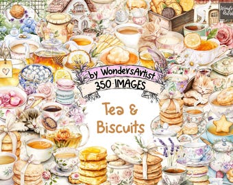 Watercolor Tea & Biscuits Clipart: 350 PNG Vintage Illustrations (Digital Download)