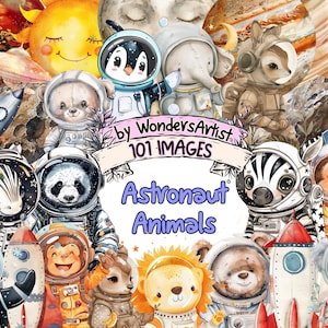 Astronaut Animals Watercolor Clipart Bundle - 101 PNG Space Explorer Animal Images, Cosmic Graphics, Instant Digital Download,Commercial Use