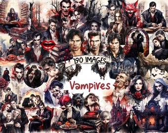 May include: A collage of images depicting vampires. The images are in a variety of styles, from realistic to cartoonish. The collage is set against a dark background and features a variety of colors, including red, black, and white. The text "190 IMAGES" and "Vampires" is visible in the collage.