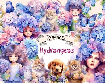 Watercolor Hydrangea Clipart Bundle: 86 Floral PNG Images (Digital Download)