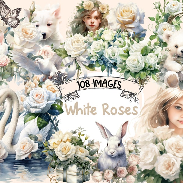 White Roses Watercolor Clipart Bundle - 108 PNG Images, Beautiful Floral Graphics, Rose Leaves, PNG, Instant Digital Download,Commercial Use