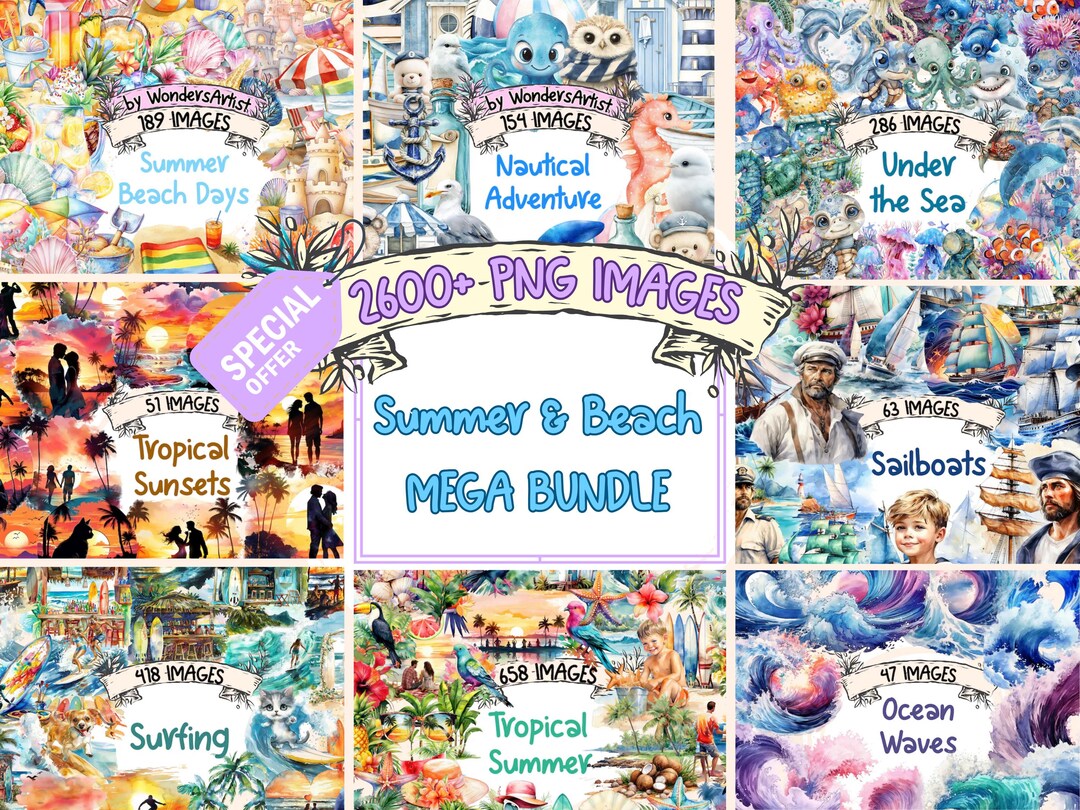 Summer Beach Clipart Bundle: 2600+ Tropical PNG Graphics (digital ...