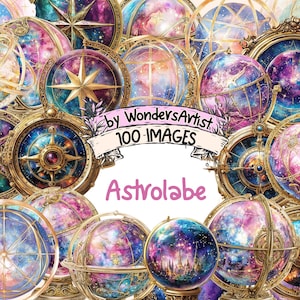 Astrolabe Watercolor Clipart Bundle - 100 PNG Celestial Images, Astronomy Vintage Instrument Illustrations, Instant Download, Commercial Use