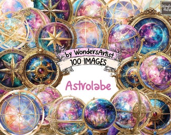 May include: A collection of 100 digital images featuring astrolabe designs with a celestial theme. The images feature a variety of colors, including pink, purple, blue, and gold. The images are perfect for creating digital scrapbooking projects, invitations, and other creative projects.