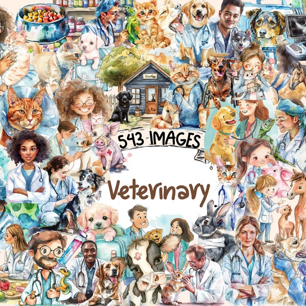 Veterinary Watercolor Clipart Bundle - 543 PNG Animal Doc Healthcare Images, Vet Medicine Graphics, Instant Digital Download, Commercial Use