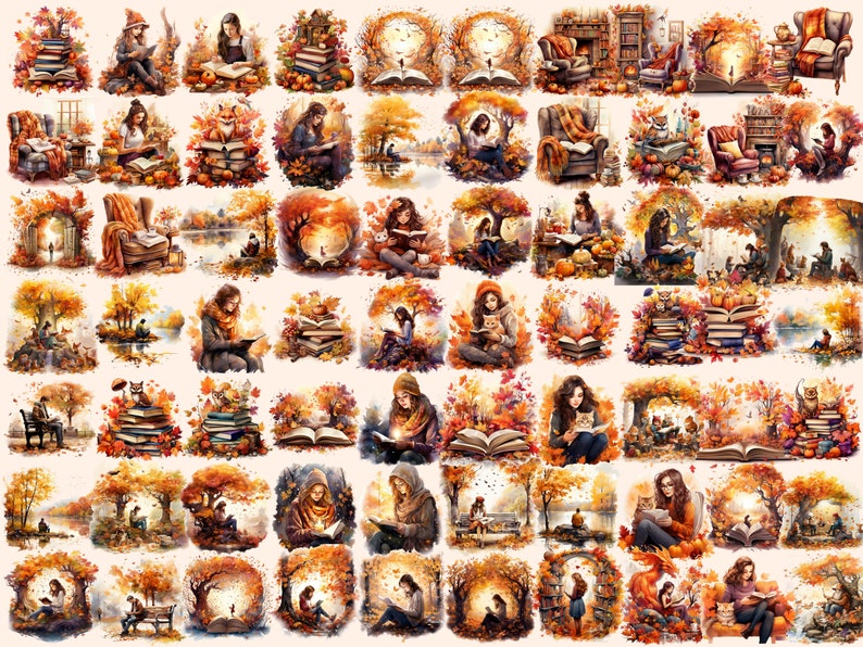 Autumn Books Watercolor Clipart: 656 PNG Fall Images (digital Download ...