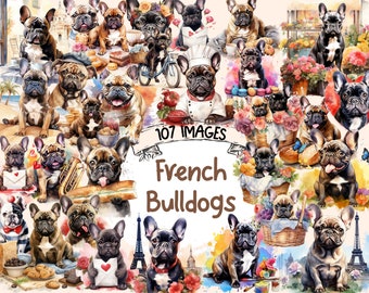 Puede incluir: Una colección de 107 ilustraciones de acuarela de Bulldogs franceses en varias poses y escenarios. Las imágenes presentan a los perros en diferentes colores, algunos con sombreros, bufandas y otros accesorios. Las imágenes también incluyen varios accesorios, como flores, cestas y comida.