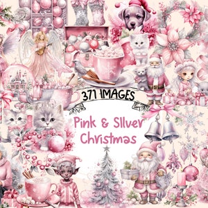 Pink & Silver Christmas Clipart Bundle - 371 PNG Xmas Festive Winter Images, Holiday Decor Graphics, Instant Digital Download,Commercial Use