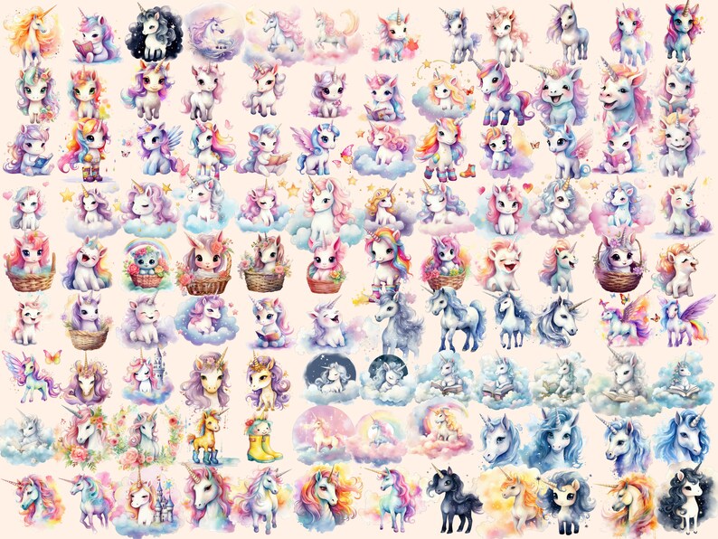 Watercolor Baby Unicorn Clipart Bundle: 585 PNG Images (digital ...