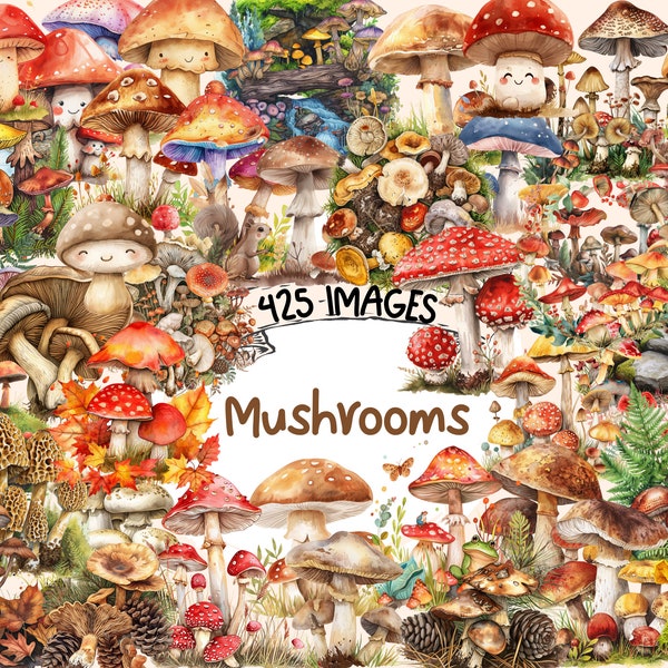 Mushrooms Watercolor Clipart Bundle - 425 PNG Forest Toadstool Graphics,Magical Nature Illustrations,Instant Digital Download,Commercial Use
