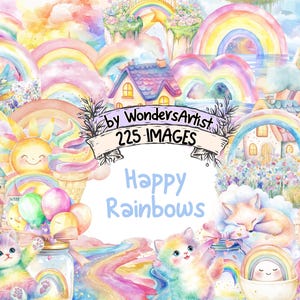 Happy Rainbows Watercolor Clipart - 225 PNG Cheerful Sky Graphics, Colorful Weather Illustrations, Instant Digital Download, Commercial Use