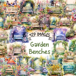 Garden Benches Watercolor Clipart Bundle - 429 PNG Rustic Bench Images, Charming Gardens Graphics, Instant Digital Download, Commercial Use
